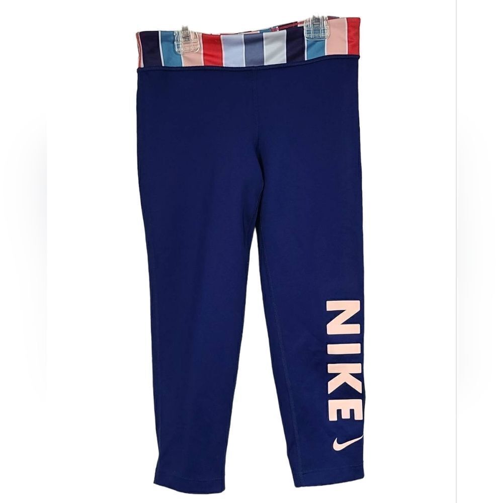 Nike Dri-Fit Girls Medium Navy Stripe Leggings Kids Activewear Gym Yoga Pants